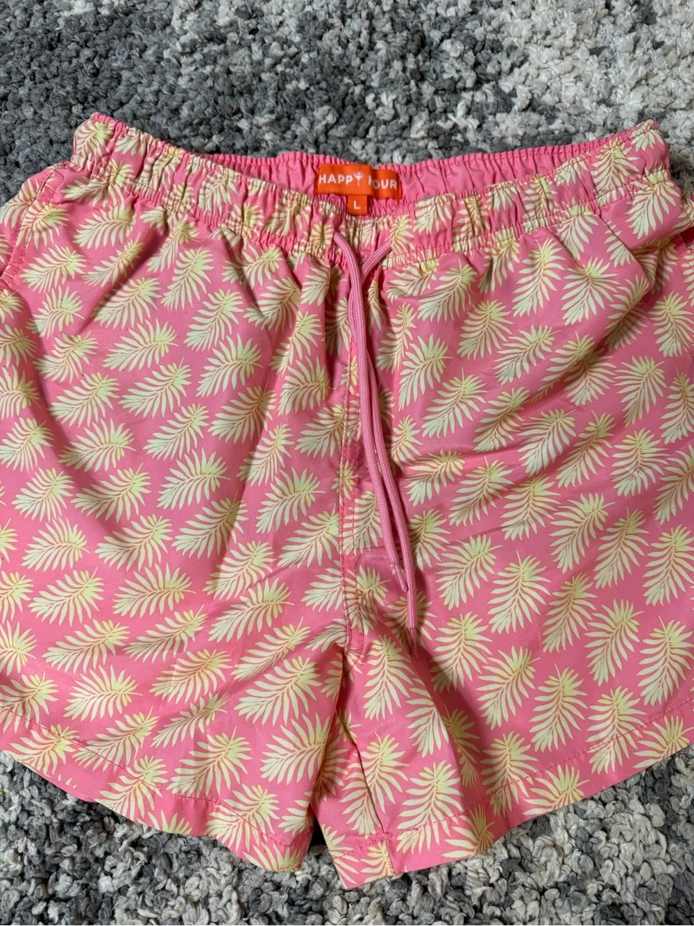 Happy Hour, Men’s Pink & Yellow Palm Leaf Print Swim Trunks Swimwear, Large